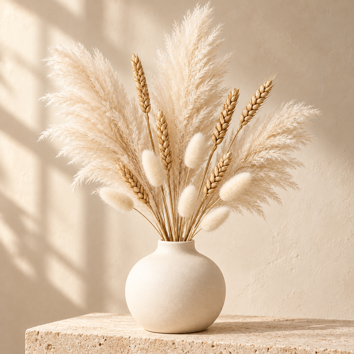 Floravyner Artificial Pampas, Wheat & Bunny Tail Grass Arrangement in Ivory Vase