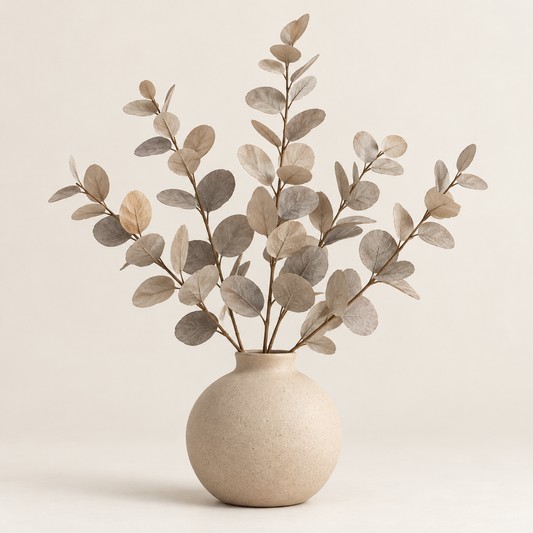 Floravyner Artificial Eucalyptus Arrangement in Beige & Grey with Beige Vase