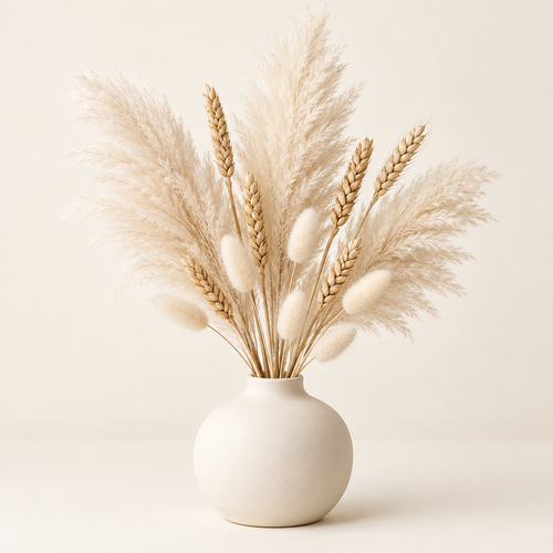 Floravyner Artificial Pampas, Wheat & Bunny Tail Grass Arrangement in Ivory Vase