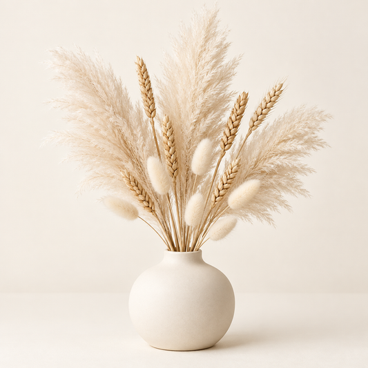 Floravyner Artificial Pampas, Wheat & Bunny Tail Grass Arrangement in Ivory Vase