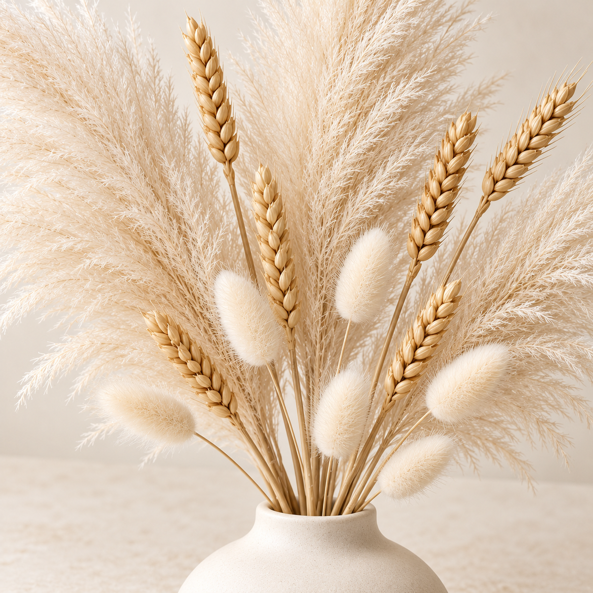 Floravyner Artificial Pampas, Wheat & Bunny Tail Grass Arrangement in Ivory Vase