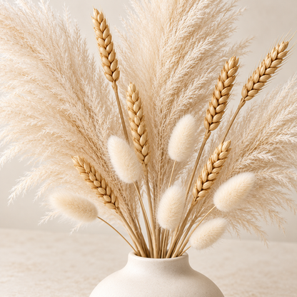 Floravyner Artificial Pampas, Wheat & Bunny Tail Grass Arrangement in Ivory Vase