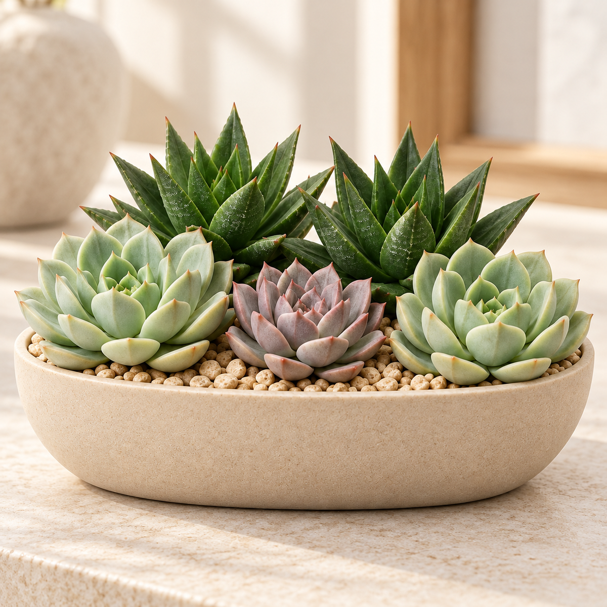 Floravyner Artificial Mixed Succulent Arrangement in Beige Oval Planter