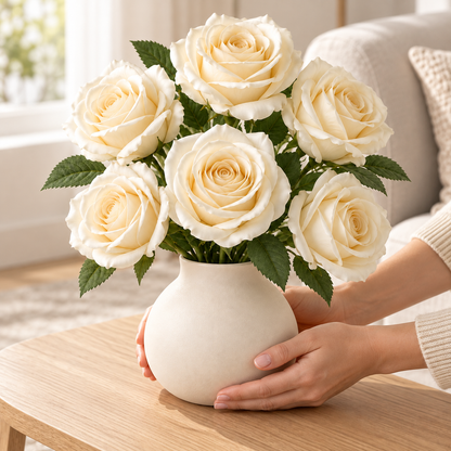 Floravyner Cream Ivory Artificial Rose Arrangement with Vase