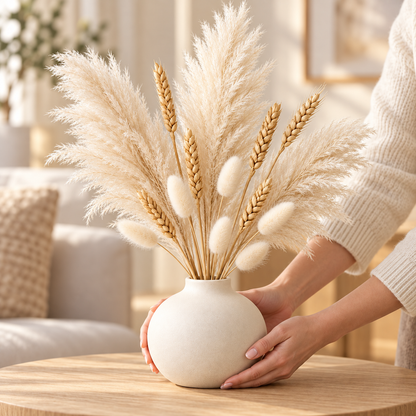 Floravyner Artificial Pampas, Wheat & Bunny Tail Grass Arrangement in Ivory Vase