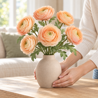 Floravyner Peach Artificial Ranunculus Arrangement with Vase