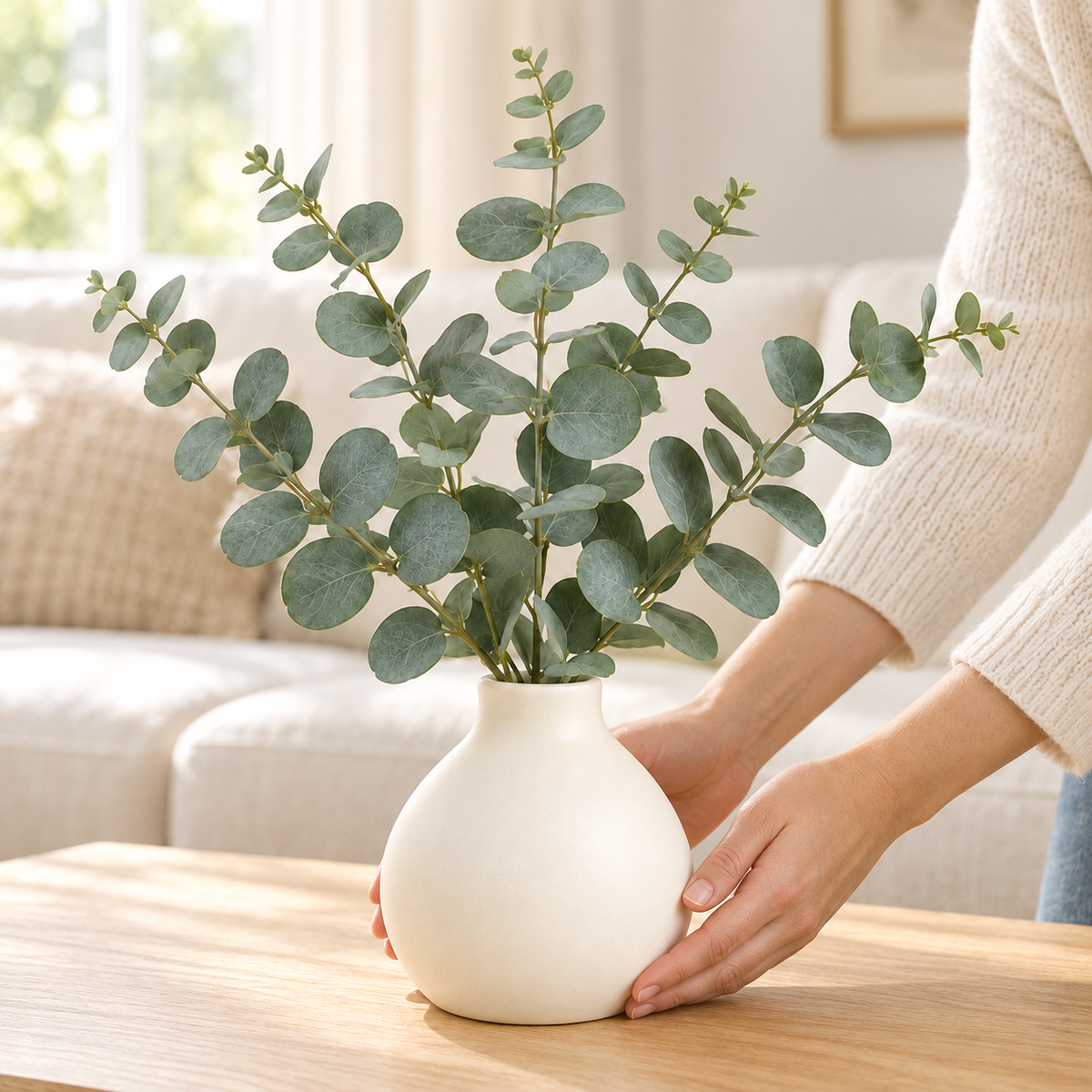Floravyner Artificial Eucalyptus Arrangement with Off-White Vase