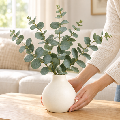 Floravyner Artificial Eucalyptus Arrangement with Off-White Vase