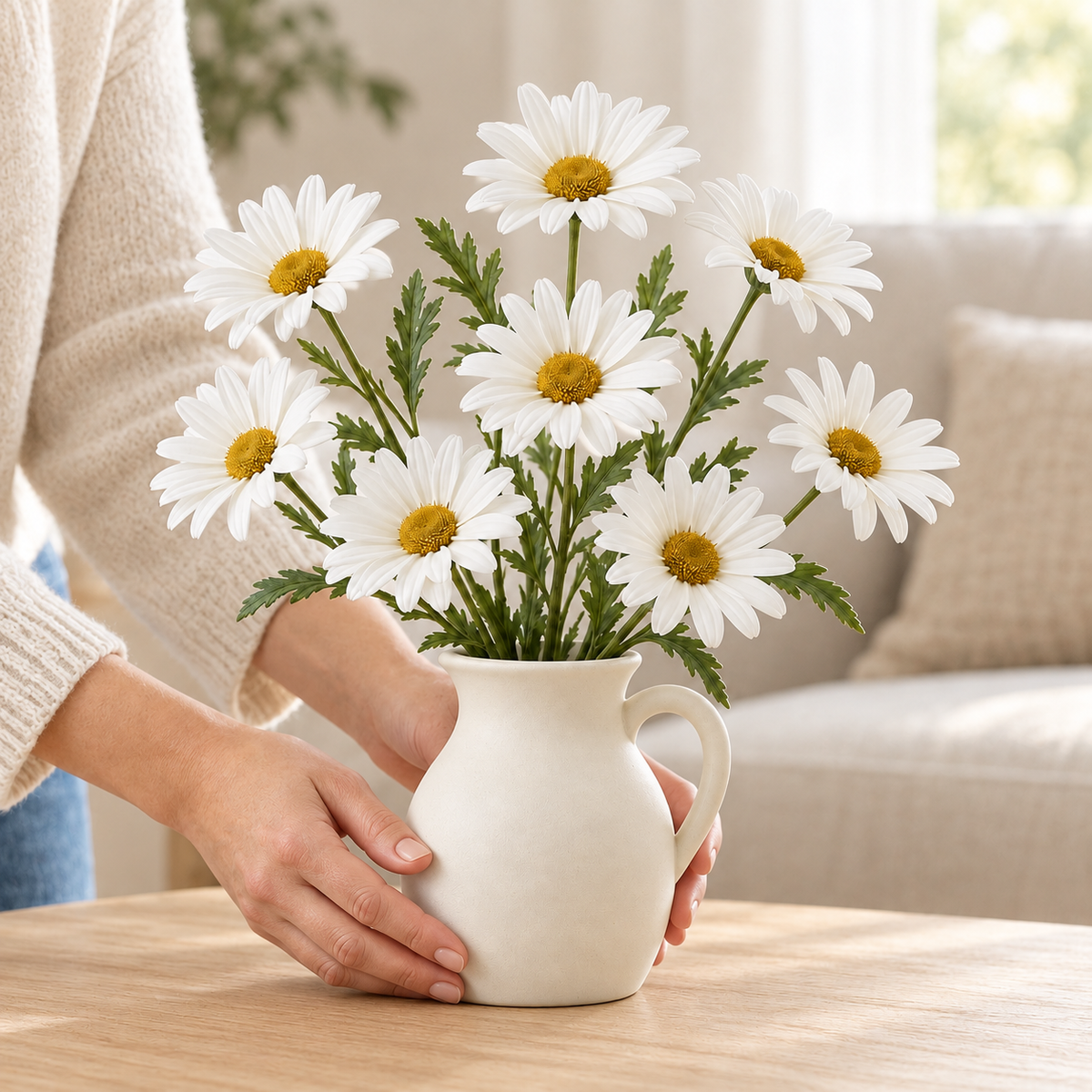 Floravyner White Artificial Daisy Arrangement with Pitcher Vase