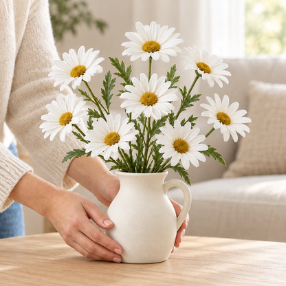 Floravyner White Artificial Daisy Arrangement with Pitcher Vase