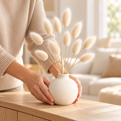 Floravyner Artificial Bunny Tail Grass Arrangement in Ivory Vase