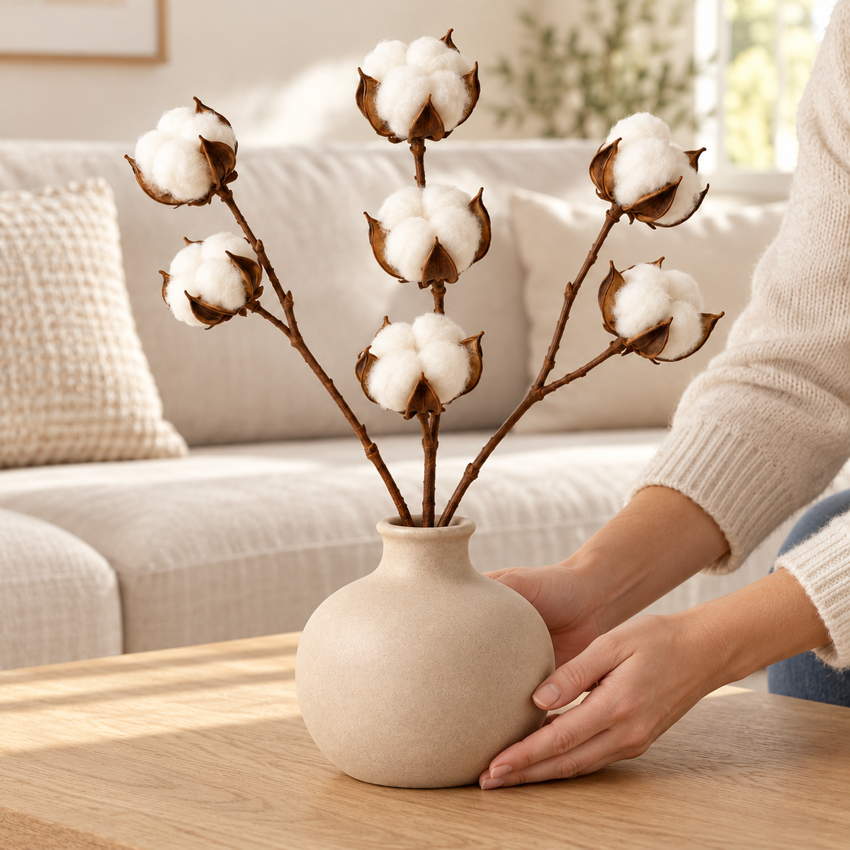 Floravyner Artificial Cotton Stem Arrangement in Beige Vase
