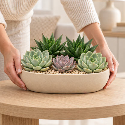 Floravyner Artificial Mixed Succulent Arrangement in Beige Oval Planter