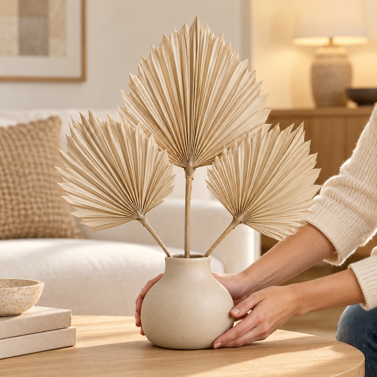 Floravyner Artificial Palm Fan Leaf Arrangement in Beige Vase