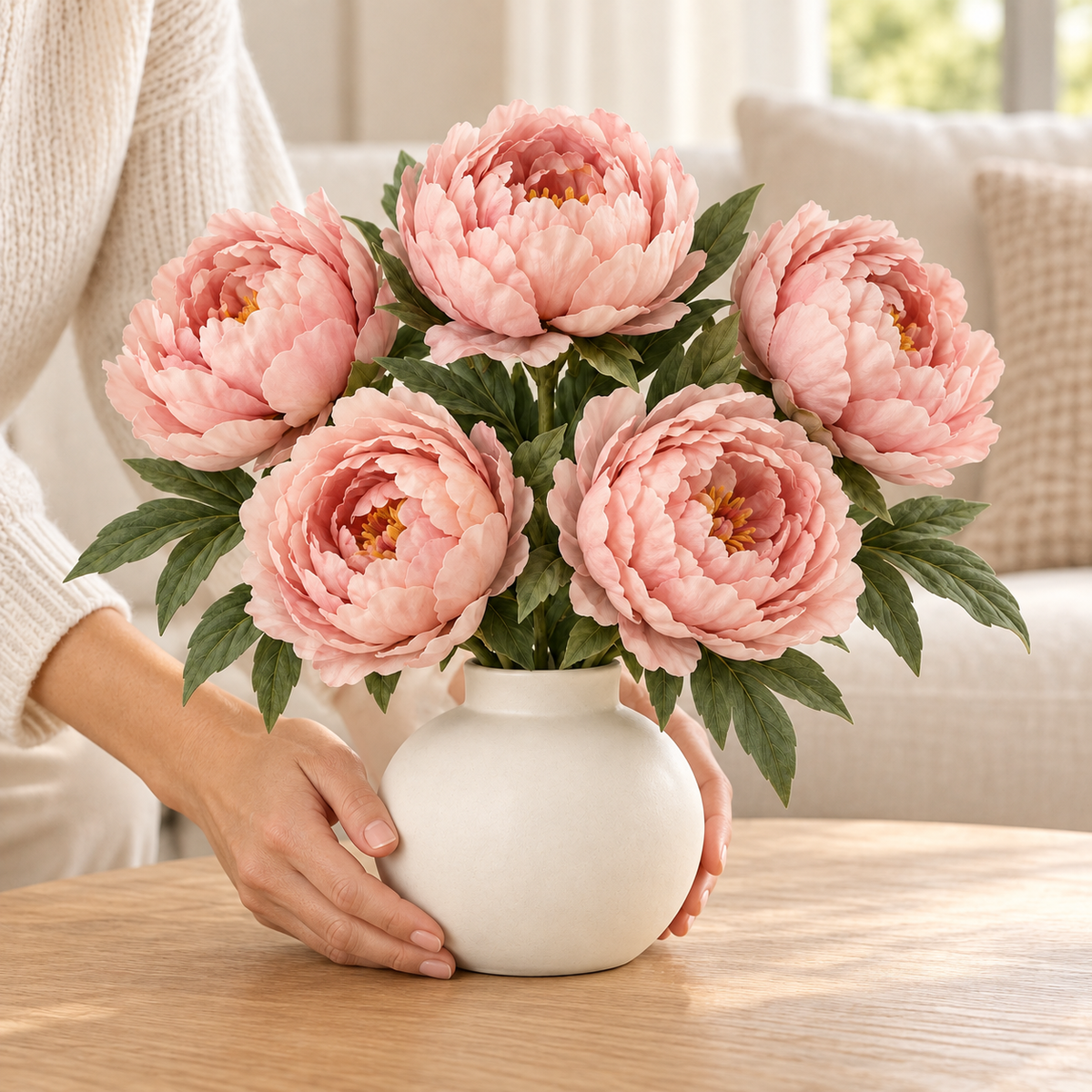 Floravyner Blush Pink Artificial Peony Arrangement with Vase
