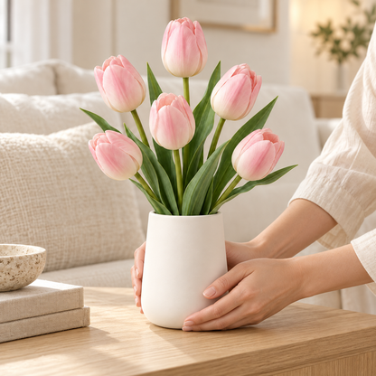 Floravyner Soft Pink Artificial Tulip Arrangement with Vase