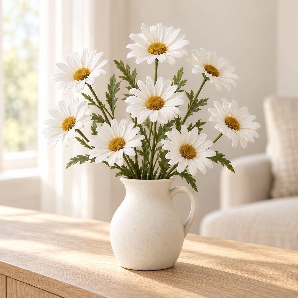 Floravyner White Artificial Daisy Arrangement with Pitcher Vase