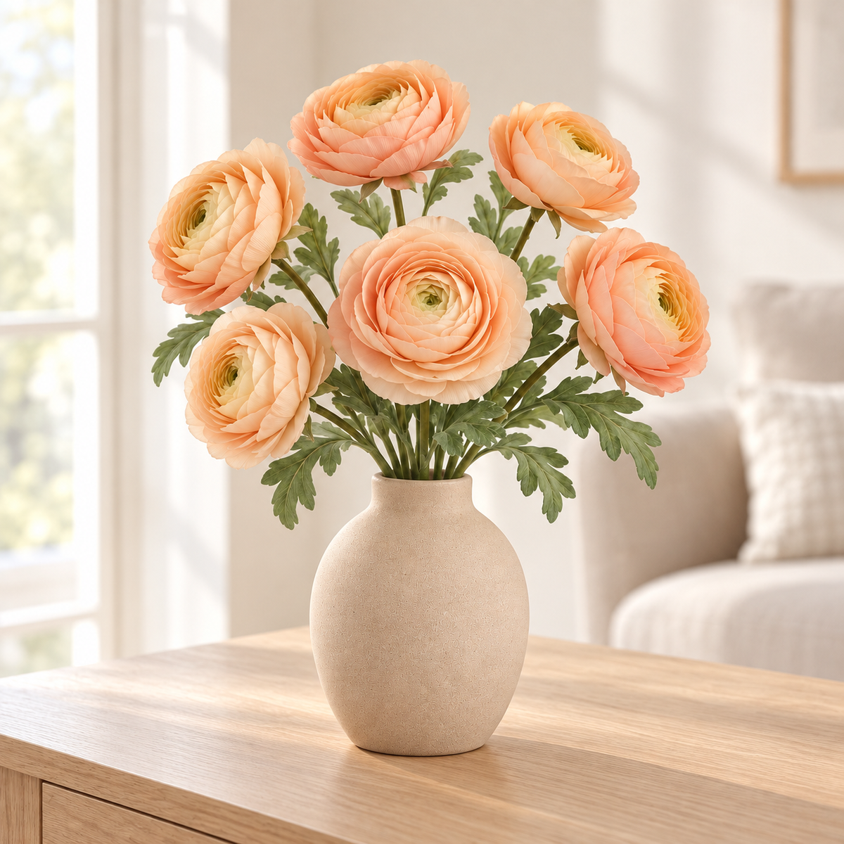 Floravyner Peach Artificial Ranunculus Arrangement with Vase