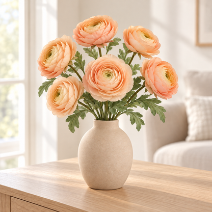 Floravyner Peach Artificial Ranunculus Arrangement with Vase