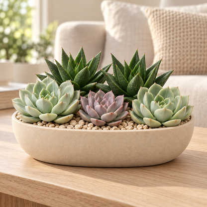 Floravyner Artificial Mixed Succulent Arrangement in Beige Oval Planter