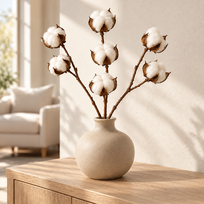 Floravyner Artificial Cotton Stem Arrangement in Beige Vase
