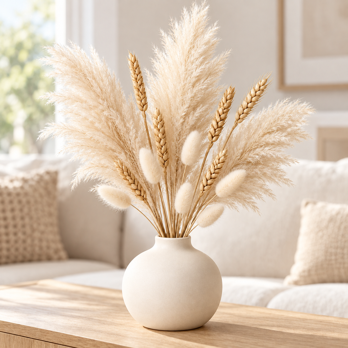 Floravyner Artificial Pampas, Wheat & Bunny Tail Grass Arrangement in Ivory Vase
