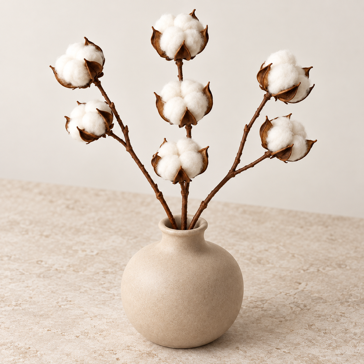 Floravyner Artificial Cotton Stem Arrangement in Beige Vase