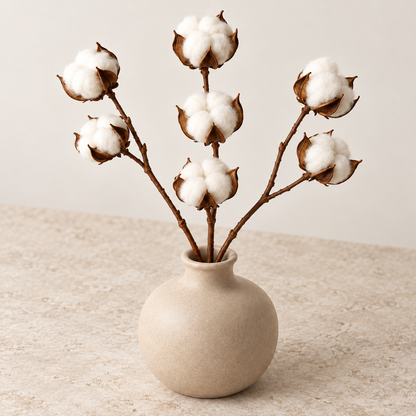 Floravyner Artificial Cotton Stem Arrangement in Beige Vase