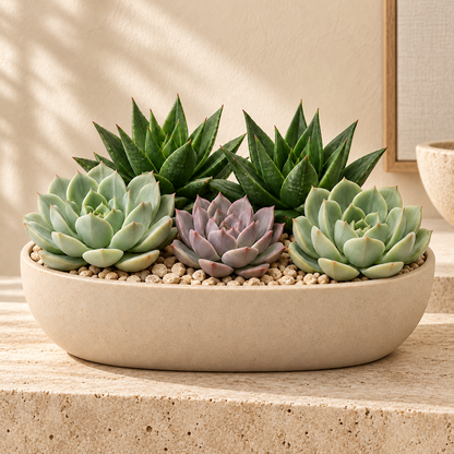 Floravyner Artificial Mixed Succulent Arrangement in Beige Oval Planter